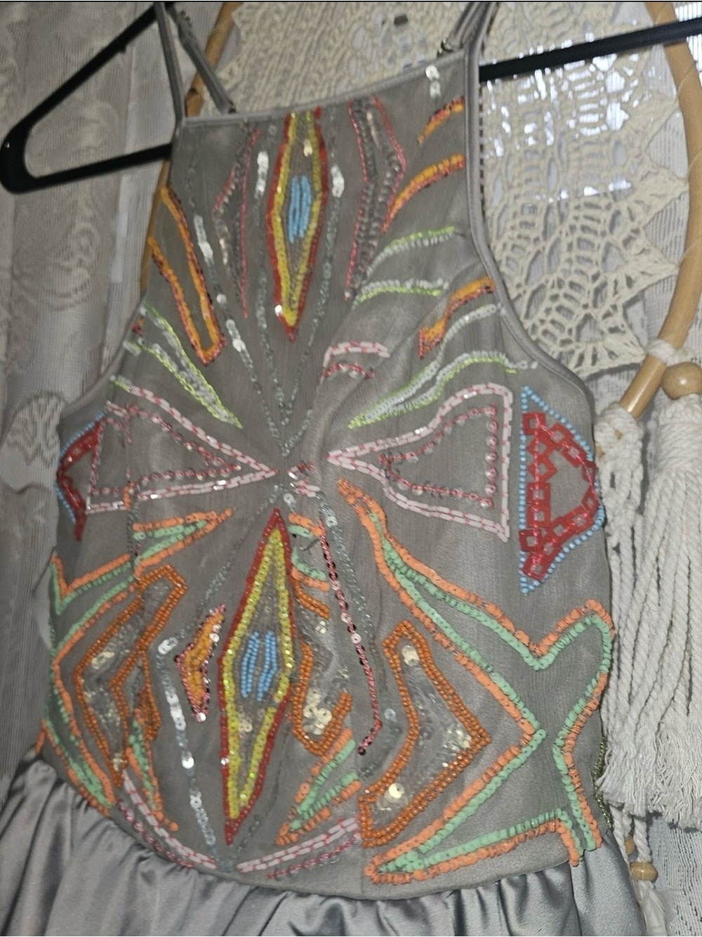 Y2K Bebe Beaded Mesh Satin Babydoll Peplum Cami Top Gray XXS - Picture 3 of 12
